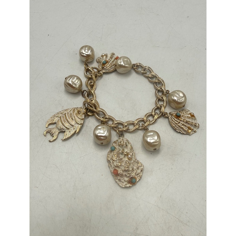 Vintage Nautical Charm Bracelet Gold Tone Faux Pearl Fish Shell Beach Coastal